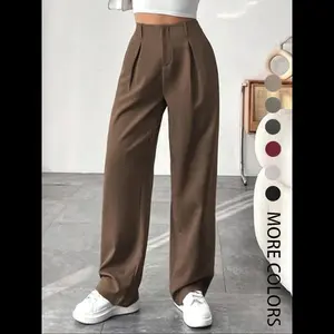 Women's Solid Color Plicated Pocket Wide Leg Pants, Elegant Aesthetic Flattering Zipper Fly High Waist Trousers for Work Office Business, Ladies Spring & Fall Business Attire Clothes Bottoms Essential Overall Womenswear