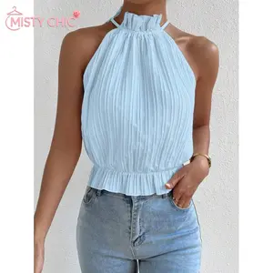 MISTY CHIC Halter Neck Top With Ruffled Collar, Elastic Waist And Cropped Peplum Hem, Textured Flowy Fabric, Ideal For Casual Outings, Brunch Dates, Beach Trips And Everyday Relaxed Occasions