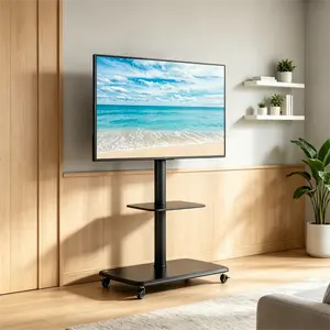 Height & Angle Adjustable Mobile TV Stand with Lockable Wheels, 32-65 Inch, 2-Tier Tempered Glass Shelves, Metal Frame for LCD/Plasma TVs living room
