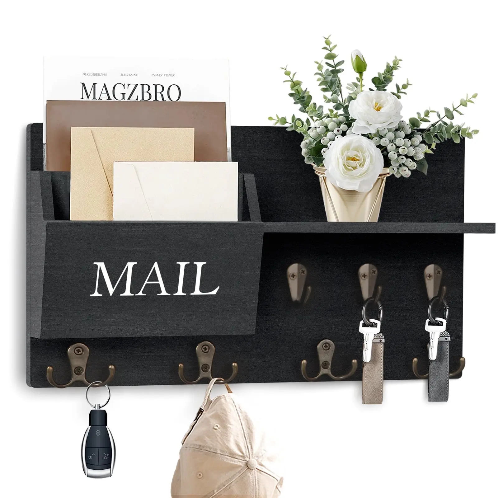 Rustic Wall Mounted Key Holder & Mail Organizer | Solid Wood Entryway Key Rack with 7 Hooks | Farmhouse Wall Storage for Keys, Mail & Leashes