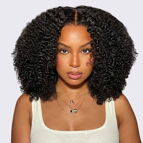 OhMyPretty Unisex Virgin Human Hair Lace Front Wig - Wear & Go Glueless Pre-Styled Kinky Curly, 7x5 HD Lace Closure, Pre-Plucked Edges, Bleached Knots, 180% Density Cap