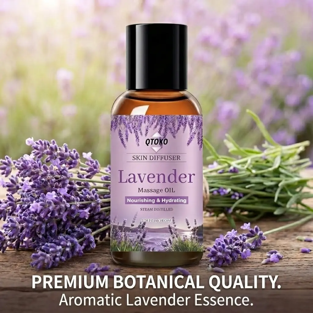 Qtoko Lavender Steam Distilled Massage Oil, Aromatherapy Nourishing Body Oil, Deep Moisturizing Hydrating, Relaxing Calming Aroma, Ideal for Daily Use, Body Care, Natural Ingredients