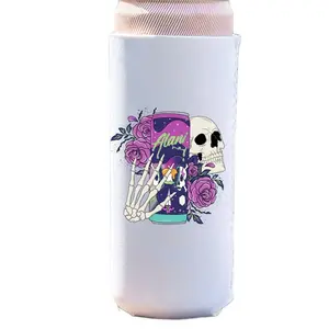 Alani Skellie Slim Can Cooler with Skull and Floral Design on White Background