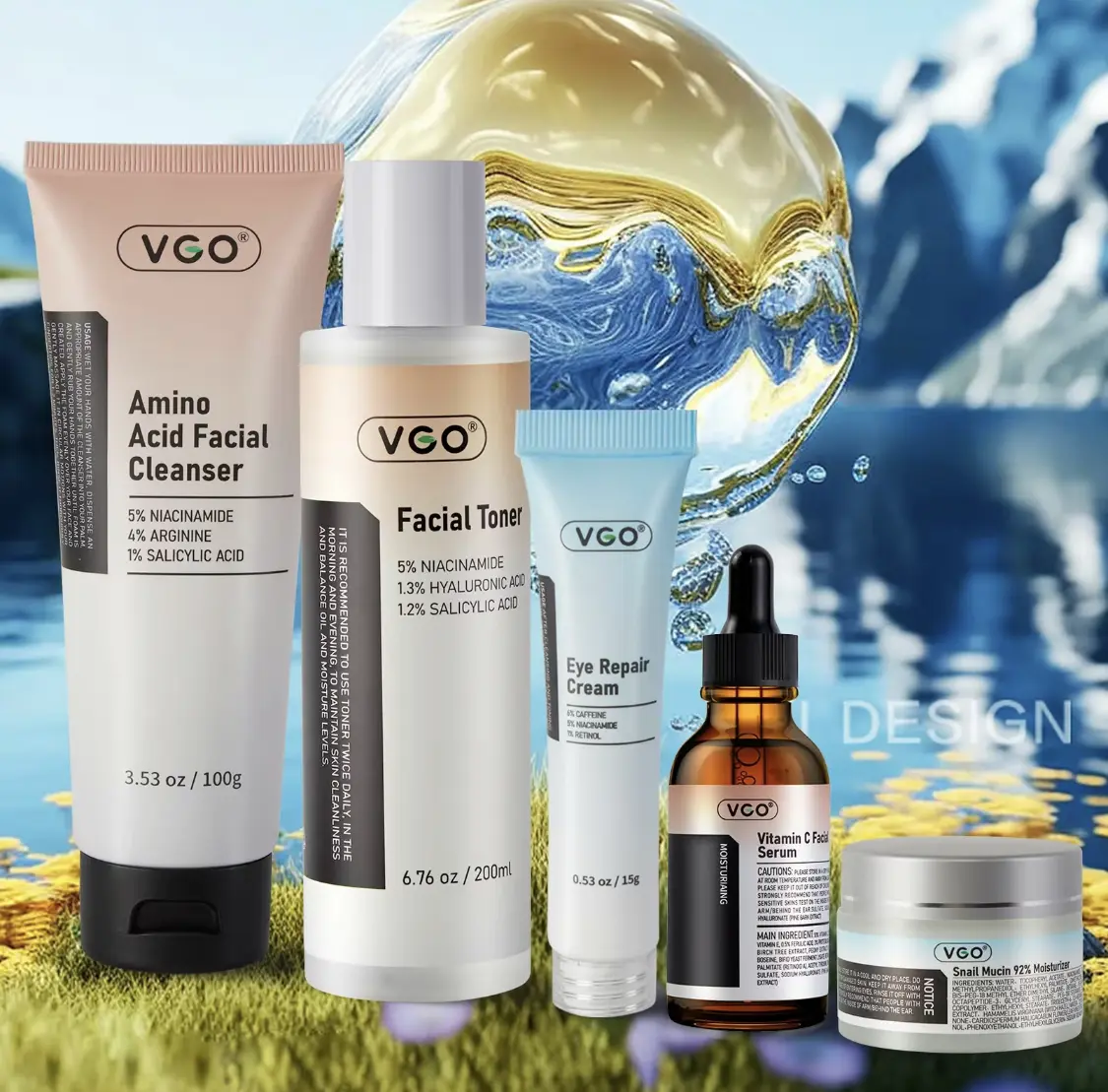 VGO 5 - step All - in - One Skincare Set: including facial cleanser, toner, serum, eye cream, and moisturizer. It's for your daily skincare routine, which can hydrate and repair the skin, fade fine lines and acne marks.