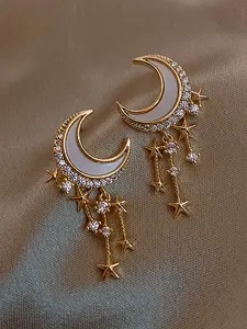 Rhinestone Moon & Star Decor Drop Earrings