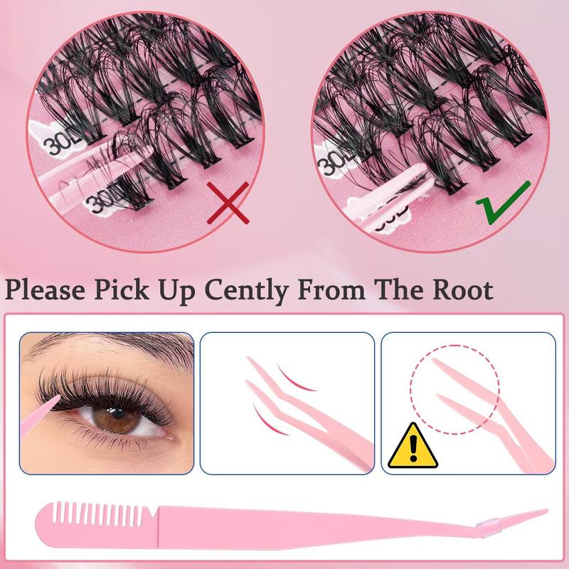 640 Pcs Lash Clusters Kit, Eyelash Clusters Individual Lash Extension Kit D Curl Fluffy Wispy False Eyelashes Extensions Thin Band with Bond Seal Tweezers Brush Removers (30D+40D+50D+60D KIT 8-16mm)