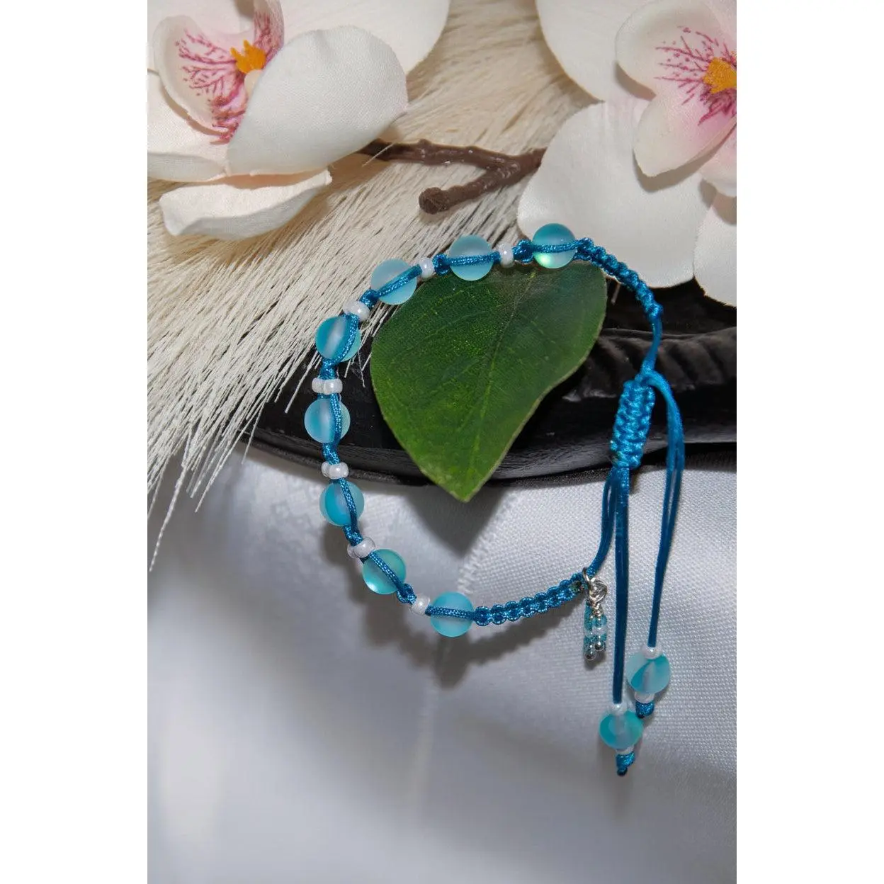 Aqua Mermaid Glass Beaded Macrame Bracelet – Adjustable Boho Summer Bracelet