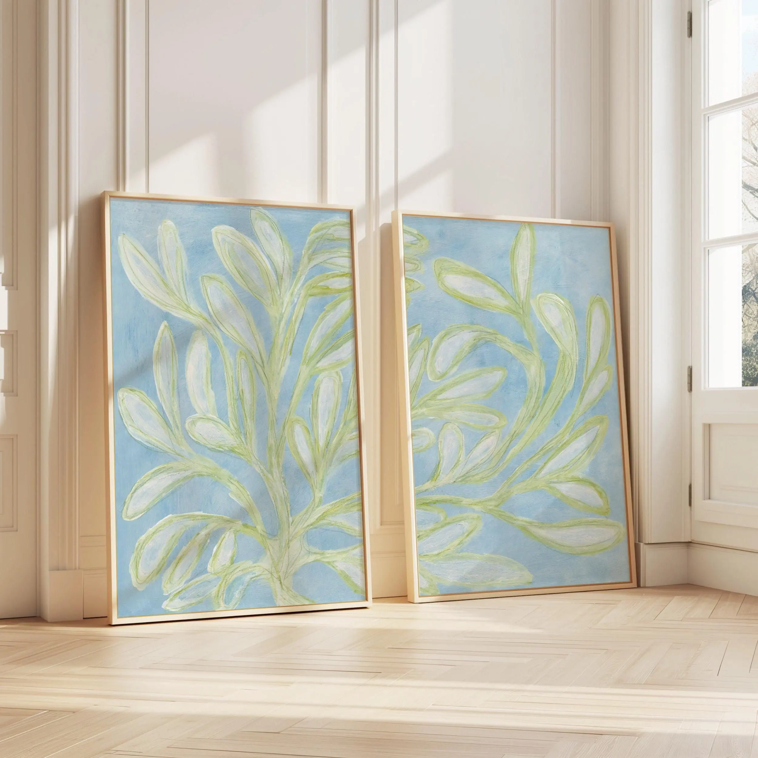 [SALE UP TO 40%] [Unframed] Light Blue and Green Set of 2 Pastel Wall Art, Sage Green Prints Coastal Painting, Botanical Living Room Decor