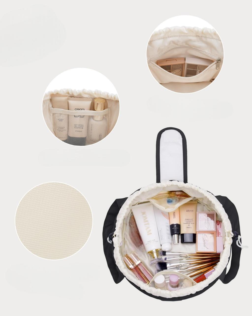 Lay Flat Open Drawstring Makeup Bag, Large Quilted Cosmetic Bag for Women Girls, Cute Make up Bags with Handle, Portable Travel Toiletry Bag for Skincare, Brushes & Travel Essentials (Black)