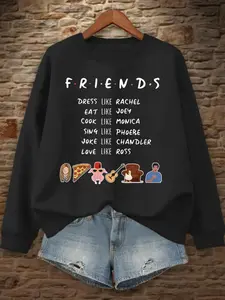Women's "Friends Character Traits" Classic Sitcom Graphic Crewneck Sweatshirt - Oversized Sweatshirt with "Dress Like Rachel" & Icon Print - Trendy Casual Wear for Friends Fans, Daily Hangouts & Sitcom-Themed Outfits - Perfect for Those Who Love Nostalgic