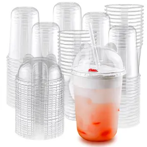 20/50 Sets 16 Oz Disposable Transparent Plastic Cups with Panda Lids and Straws, Easy Grip, Ideal for Ice Coffee, Tea, Smoothies, Holidays, Clear Plastic Cups