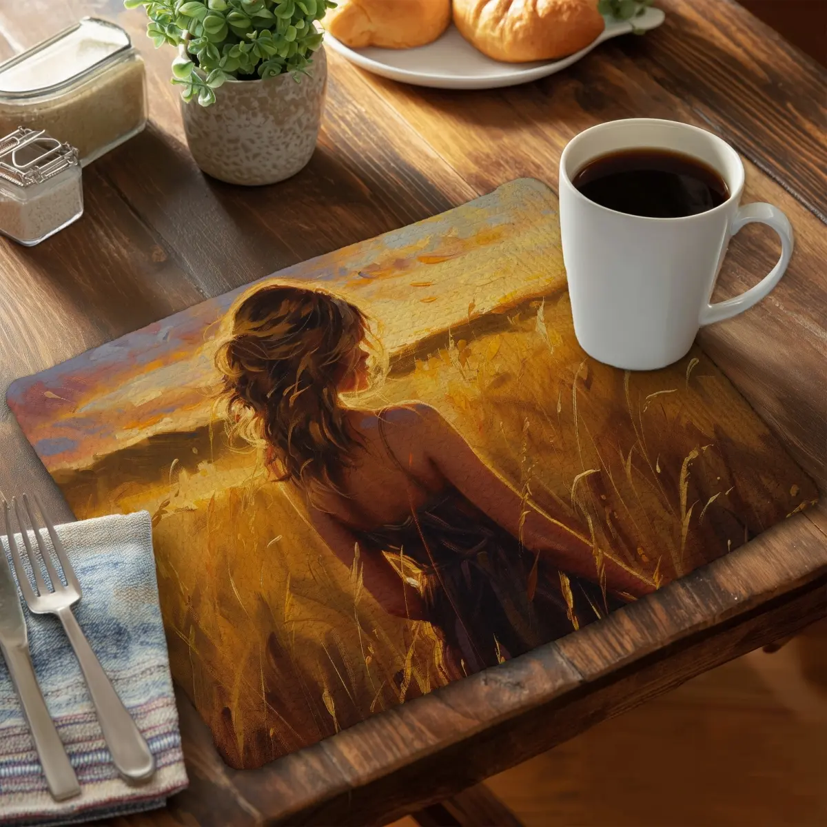 14x18 in. Aesthetic Reusable Warm Field Beige Braided Polyester Placemat - Modern Rustic Dining Tableware, Indoor Desk Coasters, Model MWW-CBPM14180P8KFS, for Home Kitchen Decor, Fabric Placemats & Coasters