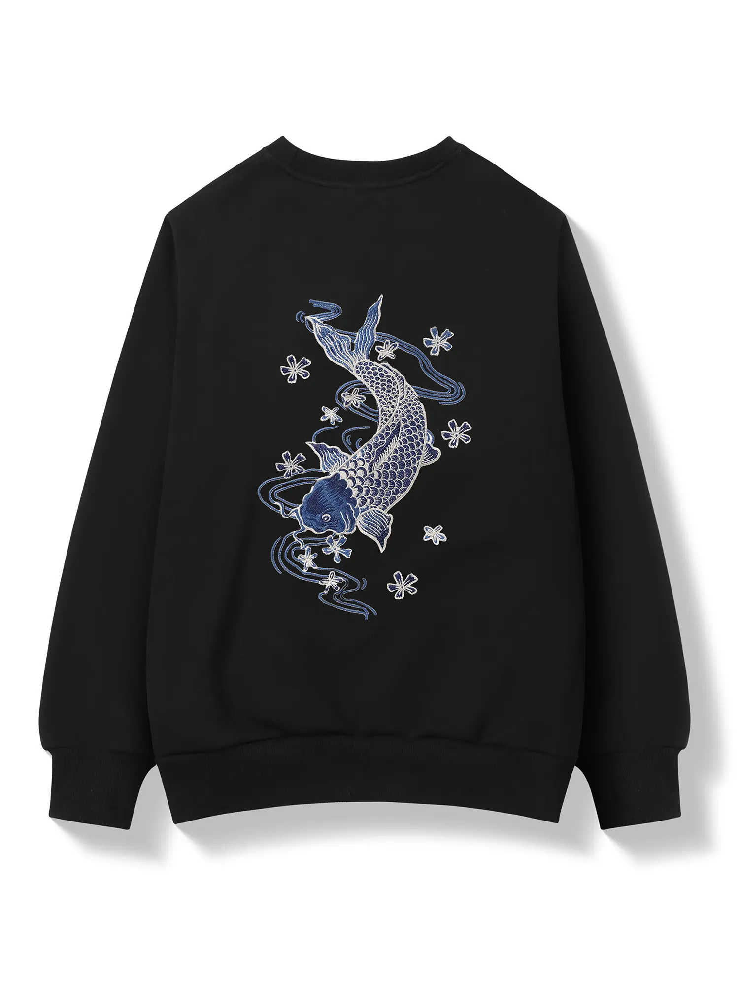 Niepce Japanese Streetwear Embroidered Blue Koi Sweater Casual Crewneck