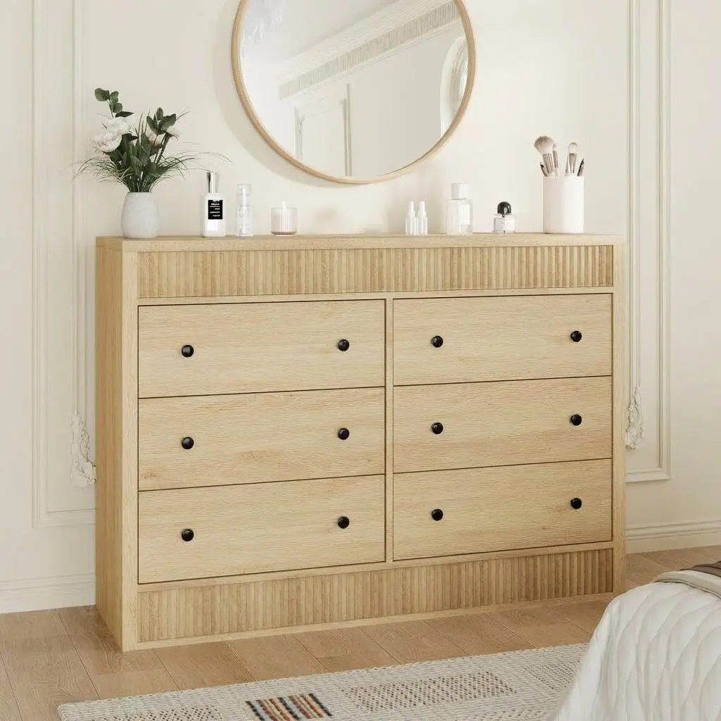 Garvee Sturdy 6-Drawer Wooden Fluted Oak Dresser, Assembly Required Storage Organizer with Drawers for Bedroom, Living Room