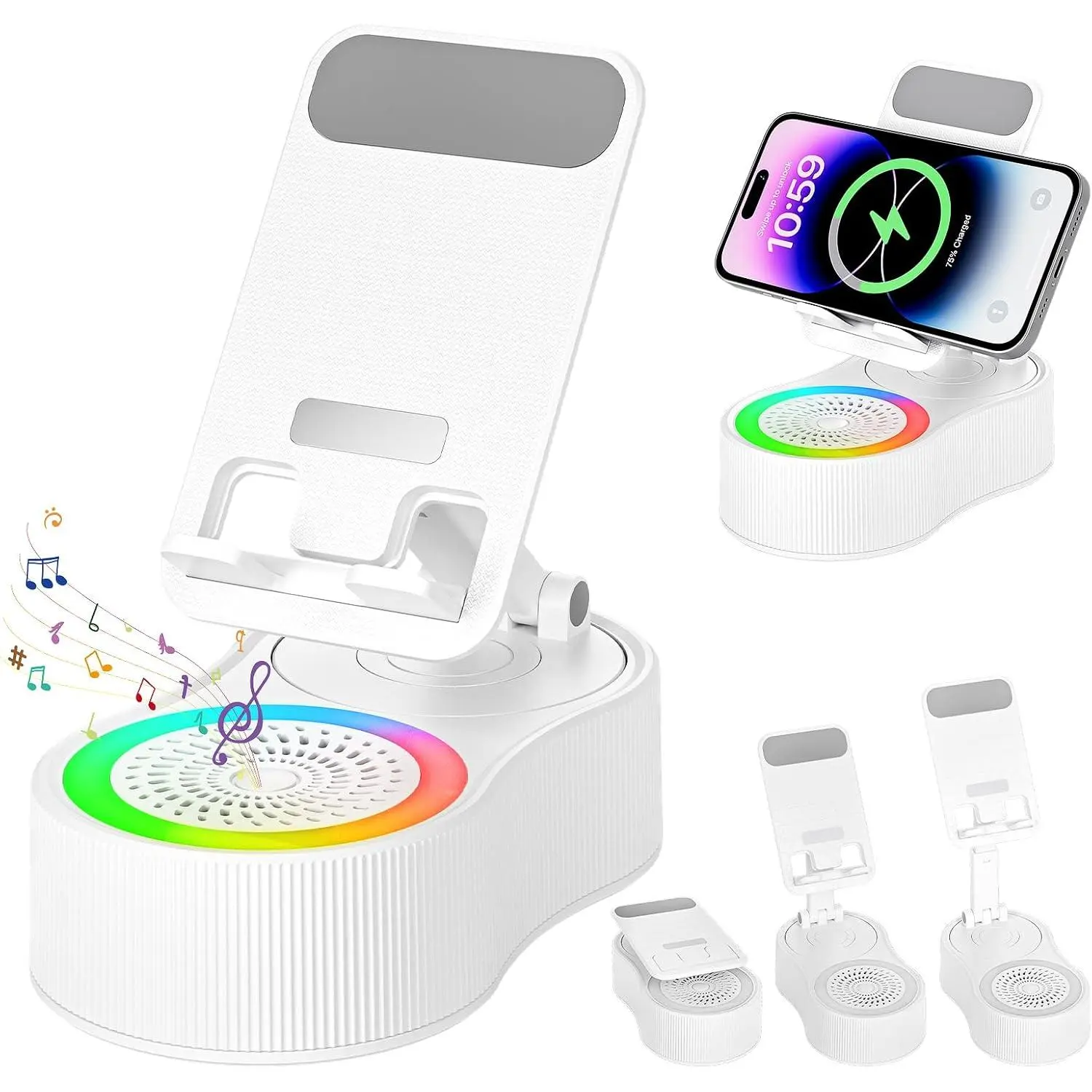 GMOX Cell Phone Stand with Bluetooth Speaker - Wireless Bluetooth Speaker with 360° Rotatable Phone Holder, Surround Sound, Cellphone Mount, Colorful Multifunctional Adjustable Stand with Charging Compatible Smartphone with Tablet for Home Desk