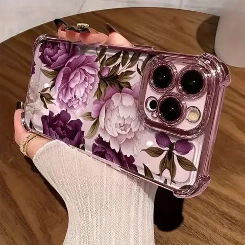 TPU Full-Cover Lens Mobile Phone Case with Purple Peony Pattern, 4-Corner Electroplating Anti-Drop & Non-Slip Design, Compatible with iPhone 18 Pro Max, 17, 16, 15, 14, 13, 12, 11, XS, X Series, Ideal Gift for Friends/Family