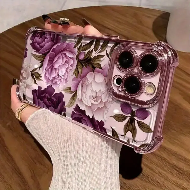 Purple Peony Design Shockproof TPU Cell Phone Case - Electroplated Corners, Anti-Drop, Non-Slip, Full Cover Lens Protected - Fits iPhone 17,16,15,14,13,12,11,XS,X - Gift Idea Mobile Phone Accessory, Iphone 14 Pro