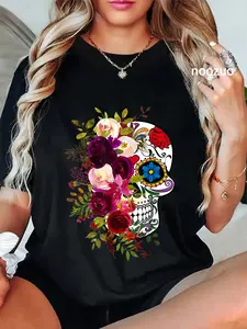 Women's Graphic T-Shirt with Floral Sugar Skull, 100% Cotton Casual Everyday Streetwear Top