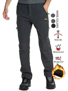 Men's Winter Fleece Lined Pants, Multi-Pocket Outdoor Hiking Camping Snowboarding Soft Shell Trousers, Waist Belt Included, Windproof Waterproof Warm