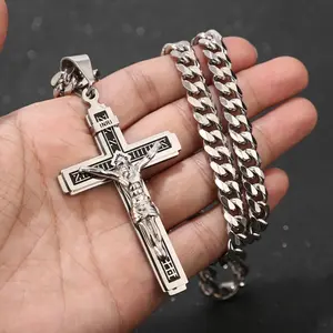 Vintage Jesus Cross Pendant Men and Women Amulet Necklace Catholic Christian Religious Prayer Jewelry Gift