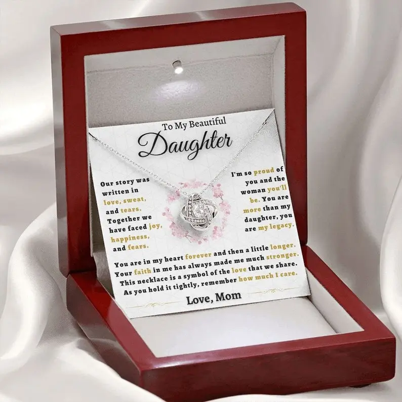 Daughter - The Love We Share - Love Knot Necklace | Heartfelt Gift from Mom for Birthday, Graduation, or Confirmation | A Beautiful Token of Our Unbreakable Bond, Her Achievements, and Our Endless Love and Support