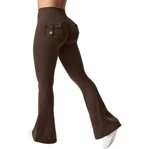 Women's High Waisted Tummy Control Bootcut Wide Leg Yoga Pants  Cargo Pockets Slimming Workout Leggings vintage leopard print