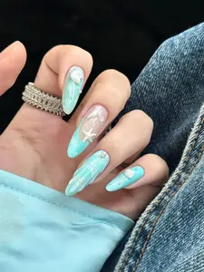 Handmade Reusable Seafoam Pearl Press On Nails, Mermaid Shell Design, Ocean-Inspired Aqua Blue Summer Nail Art Decorations