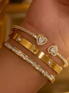 3 Piece Set Stainless Steel 18k Gold Plated Heart Rhinestone Bracelets, 14k Gold Plated Copper Zircon Open Bracelet, Fashion Women Jewelry Gift Set, Heart Shaped Bracelet
