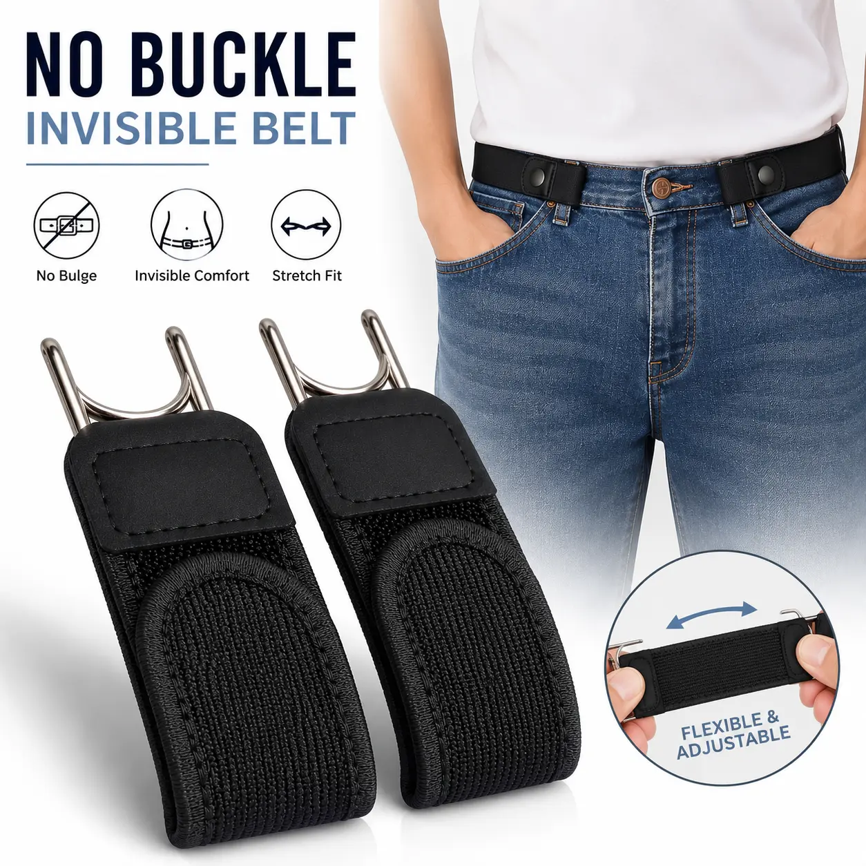 Tactical Stretch Belt with Metal Hook - Adjustable No Buckle Nylon Webbing Belt, Heavy Duty & Invisible Elastic Waistband for Work & Outdoors