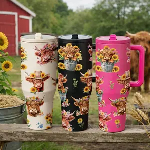 AuraCup 1pc 40oz Insulated Tumbler with Handle and Lid, Highland Cow Floral Farm Style Stainless Steel Travel Cup, Cute Cowgirl Sunflower Design Coffee Water Mug, Double Wall Vacuum Tumbler for Hot Cold Drinks, Perfect Gift for Farm Lovers, Country Wester