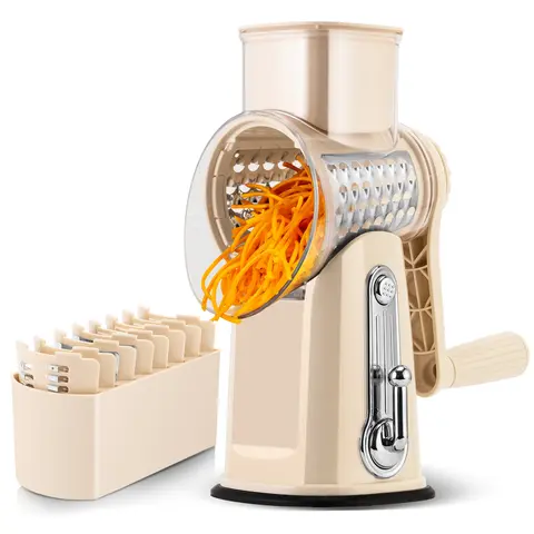 SUSTEAS Rotary Cheese Grater with Handle - Comes with 5 Blades, Strong Suction Cup Base, Comes with Blade Storage Box Cutlery Kitchen Utensils Food Shredder Tool Vegetable Slicer Potato Cutter Beige