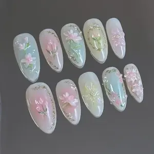 Transparent Dripping Glue Flower Almond Nail Art, Pale Pearl Fine Sparkle, Removable Press-On Wedding Nails for All Girls