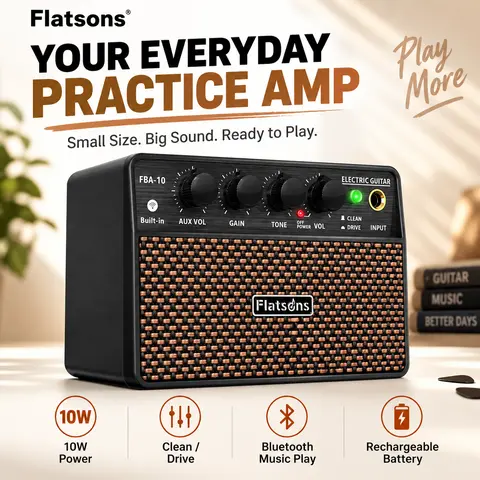 Flatsons FBA-10 10W Vintage Mini Electric Guitar Amp - Rechargeable Portable Practice Speaker with 152x75x99mm Size, Built-in Li-ion Battery, Clean/Distortion Channels, BT5.3 Tracks, AUX Input, 3.5mm Headphone Jack, 12-Month Product Guarantee