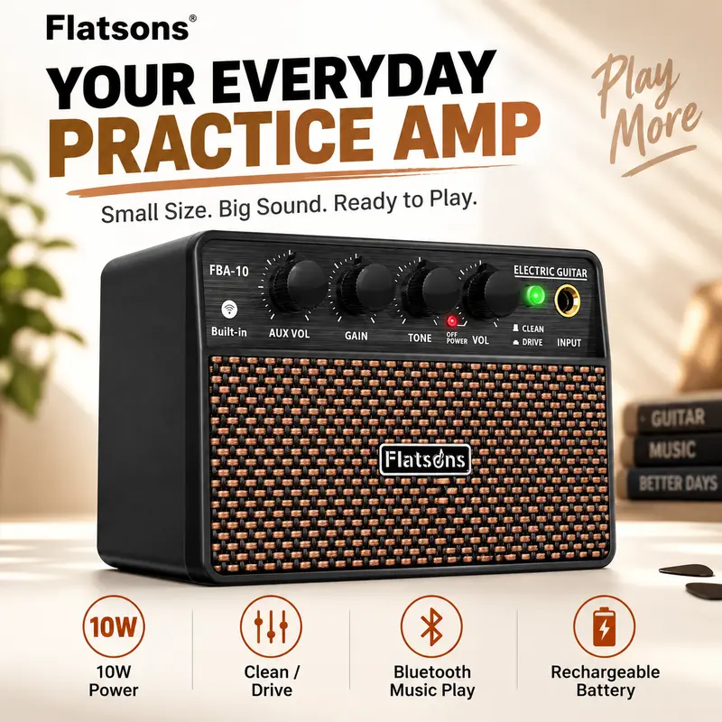Flatsons FBA-10 10W Vintage Mini Electric Guitar Amp - Rechargeable Portable Practice Speaker with 152x75x99mm Size, Built-in Li-ion Battery, Clean/Distortion Channels, BT5.3 Tracks, AUX Input, 3.5mm Headphone Jack, 12-Month Product Guarantee