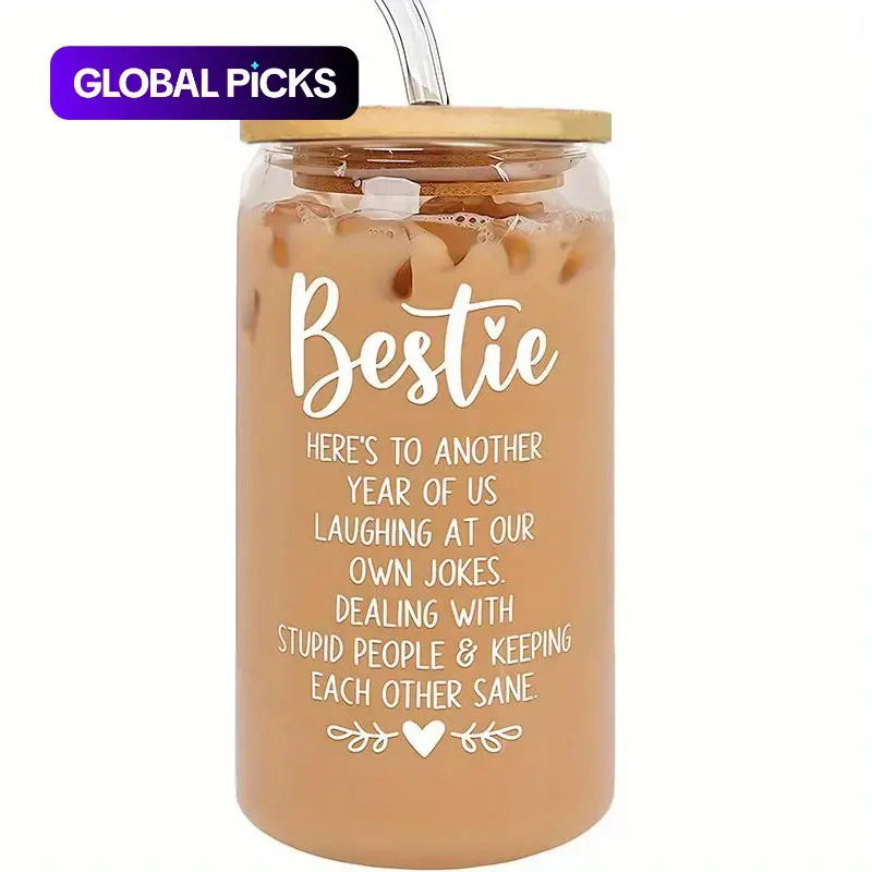 Friendship Gift Glass Can Tumbler, 16oz Durable Glass Cup with Lid & Straw, Coffee & Beverage Drinking Glass, Glass Drinking Glasses, Drinkware, Birthday & Holiday Gift for Women & Besties #GLOBAL PICKS