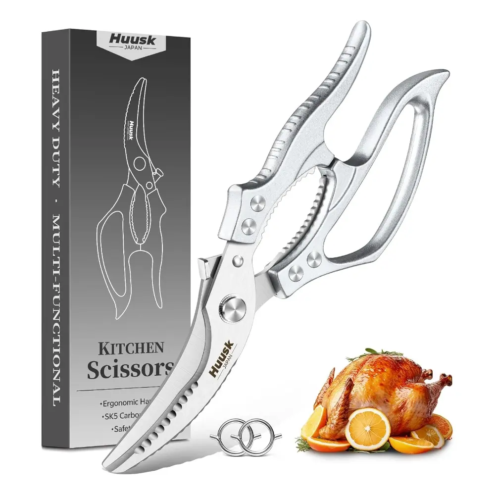 Huusk Poultry Shears Heavy Duty – All Purpose Kitchen Scissors for Chicken, Meat, Fish, Vegetables & Pizza with Ergonomic Non-Slip Silver Handle, Gifts for Women Men