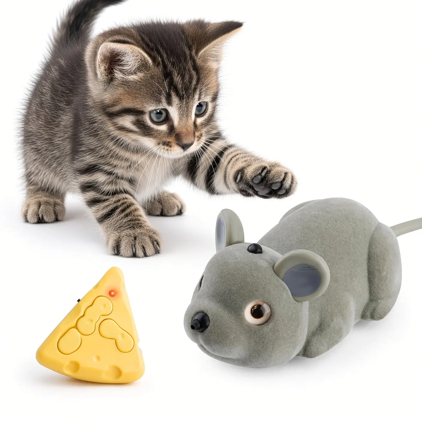 Remote Control Mouse Cat Toy for Indoor Cats, USB-C Rechargeable Interactive Moving Mouse with Sensor Mode and Cheese-Shaped Controller, Chase and Pounce Play