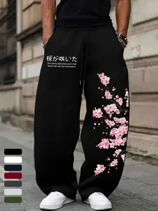 Men's Japanese Cherry Blossom Graphic Wide Leg Sweatpants, Street Style Sports Pants with Vertical Print, Casual Fitted Pants