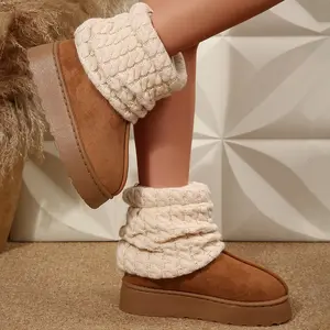 Women’s Slouchy Knit Cuff Snow Boots Chunky Sole Anti-Slip Winter Footwear Indoor Outdoor Shoes