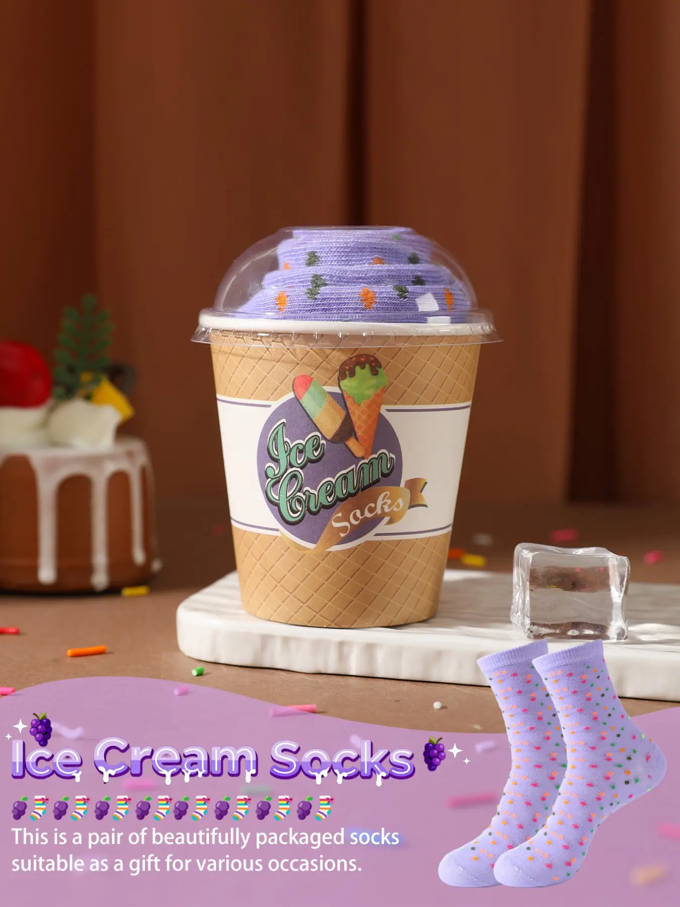 Cute Ice Cream Gift Box Socks, Unisex Mid-Calf Socks, Creative Food Design, Long Warm Soft Comfort, Perfect for Valentine's Day