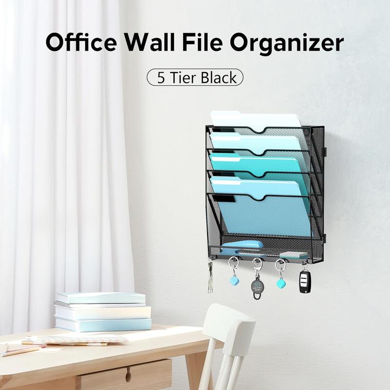 F-SBB52  Wall File Organizer with 5 Hooks 5 Tier Hanging File Organizer, Vertical Wall Mount Mail Organizer for Papers, Folders, Magazines, Bills, Office&School Organization, Black