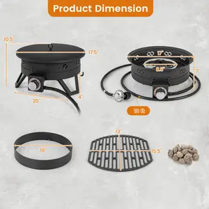 COSTWAY - 17 Inch Portable Gas Fire Pit with Folding Legs and Removable Grill for Camping-Black