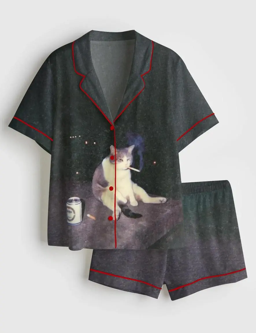 Funny Fat Cat Smoking Drinking Satin Pajama Set, Quirky Long Sleeve Sleepwear, Silky Pjs for Women, Unique Cat Lover Gift, Cool Loungewear, Wardrobe Staple, For Any Season, Vintage Fashion, Classic Styles for Everyone