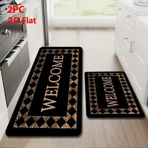 2/3 Piece Flannel Entrance Mat Set, Gold Plaid Border, Welcome Text Design, Non-Slip Backing, Absorbent, Water Absorbent Rug