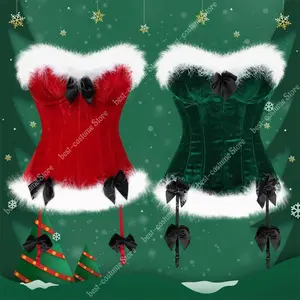 Bustier Top Corset with Feathers White Overbust Corset Top Christmas Costume Santa Cosplay Red Green Bodices and Corsets