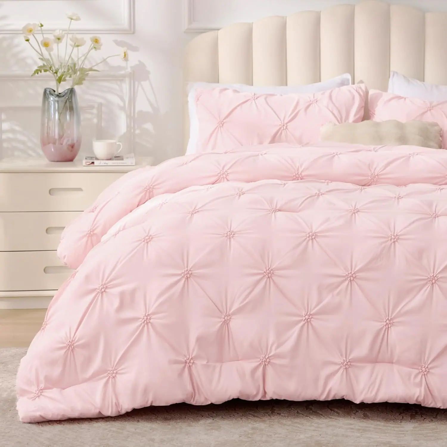 Baby Comforter Set - 3 Pieces Boho Pintuck Bedding Comforter Sets, Lightweight Soft & Warm Bed Comforter Queen with 2 Pillowcases for All Season