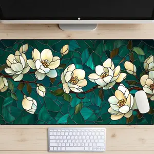 Stained Glass Magnolias Desk Mat, Stain Glass Window Desk Topper, Cathedral Art Desk Pad, Sun Catcher Mousepad, White Flowers, Teal Green