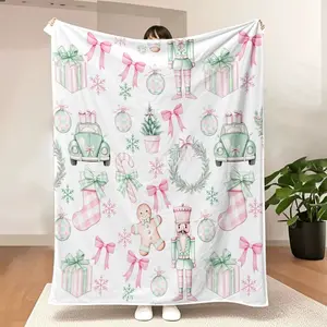 Funny Comfy Polyester Blanket Festive Watercolor Christmas Blanket - Whimsical Pattern with Pastel Green, Pink & White Elements (Trees, Nutcrackers, Gifts, St The Ultimate Christmas Present