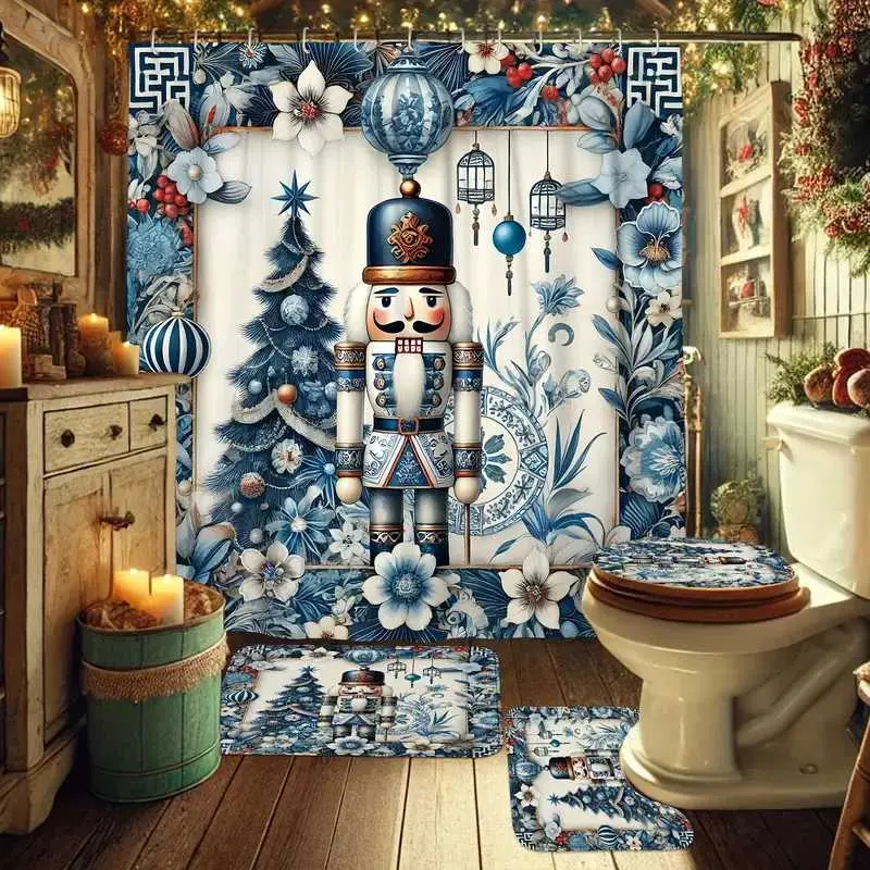 1/4 pcs Nutcracker tree flower ball Chinese style blue shower curtain set, festive design, non-slip floor mat, U-shaped carpet, toilet lid cover, perfect for bathroom decoration, partition, beautify the space, 12 shower curtain hooks included
