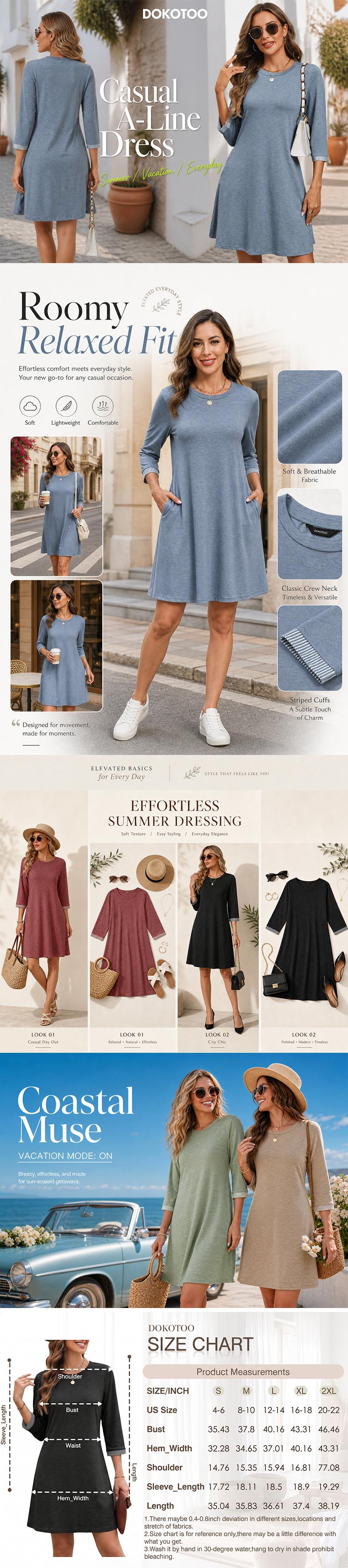 Dokotoo Dress for Women Fashion Fall Casual 2026 CrewNeck Solid 3/4 Sleeve Short Insert Pocket Dresses